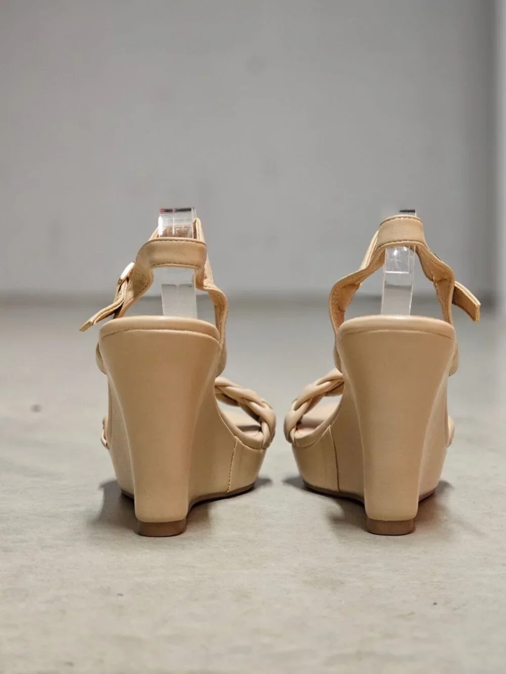 Braided Taupe Wedge Sandals With Adjustable Ankle Strap For Women